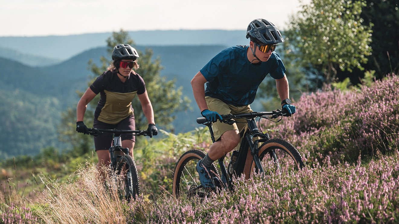 Cyclist riding mountain bikes