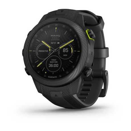 The product image depicts the Garmin MARQ Athlete Gen 2 Carbon Edition smartwatch, showcasing its sleek design and advanced features.