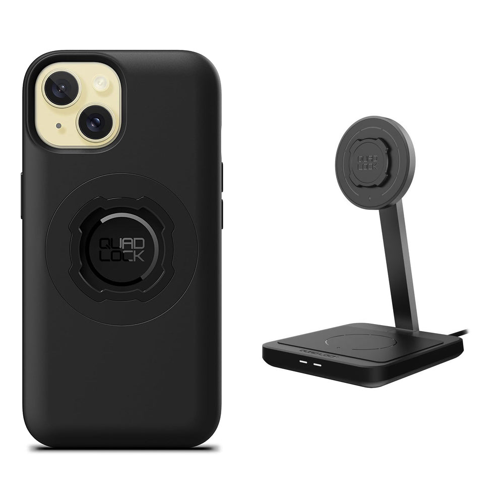 Quad Lock iPhone 15 & 16 MAG Case + Dual Desktop Wireless Charger Bundle
